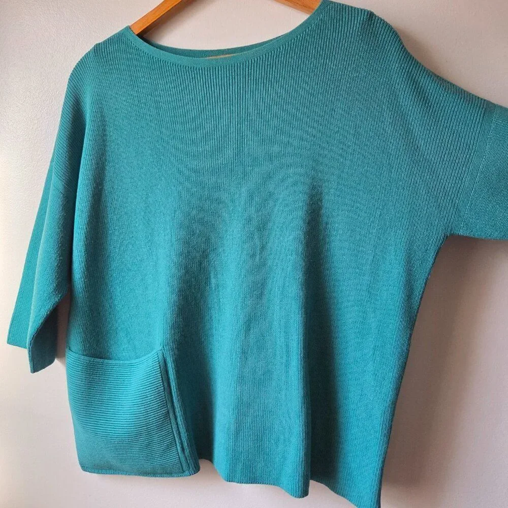 EUC DESIGNER LAFAYETTE 148 TEAL BOATNECK BOXY RELAXED SWEATER TOP SIZE M